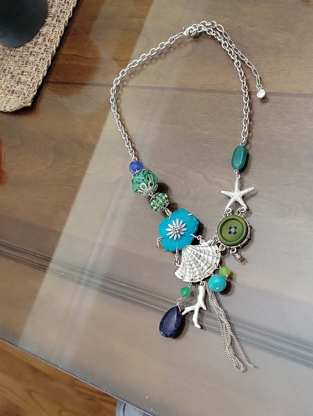 Silver-Tone Ocean Charm Necklace with Turquoise and Green Accents